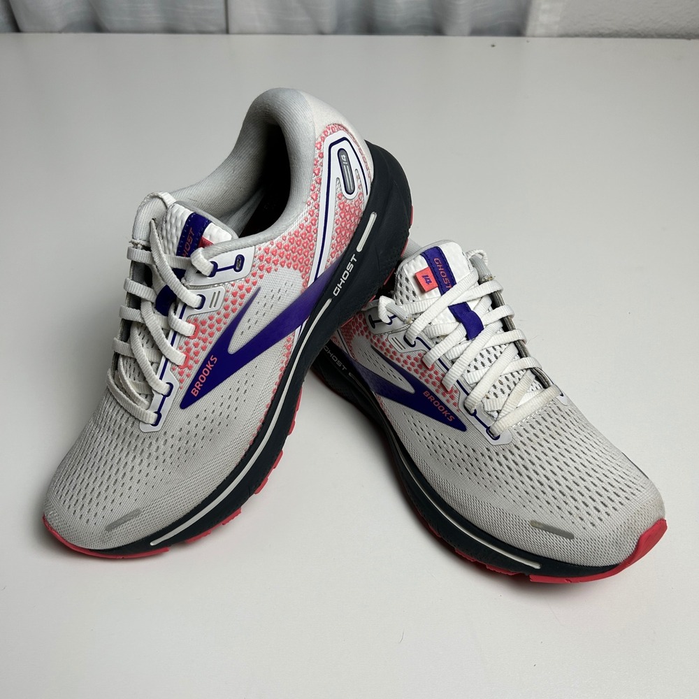 Brooks Ghost 14 Women Running Shoes White Purple Coral 1203561B192 Size 10